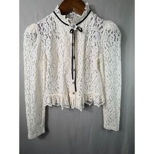 Ronny Kobo Women Lace Cardigan Top White S Ruffle Neck Ribbon Victorian Floral